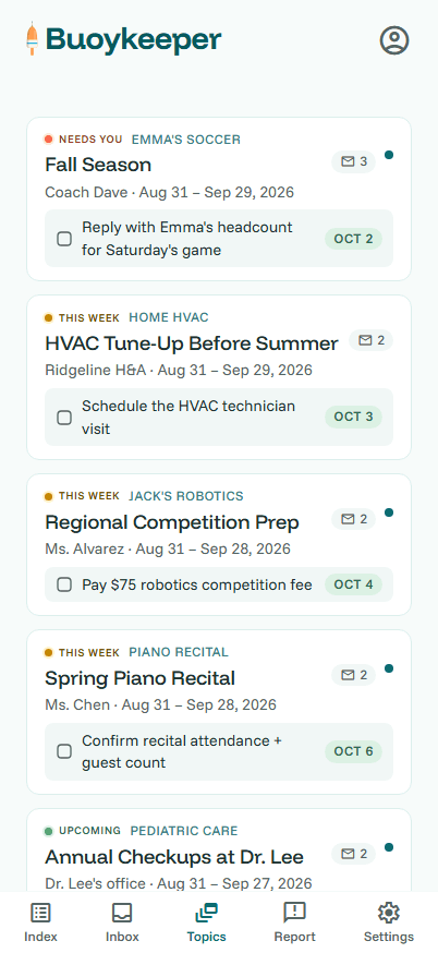 The feed: every case you're keeping track of in one place, each with its next step and when it's due.